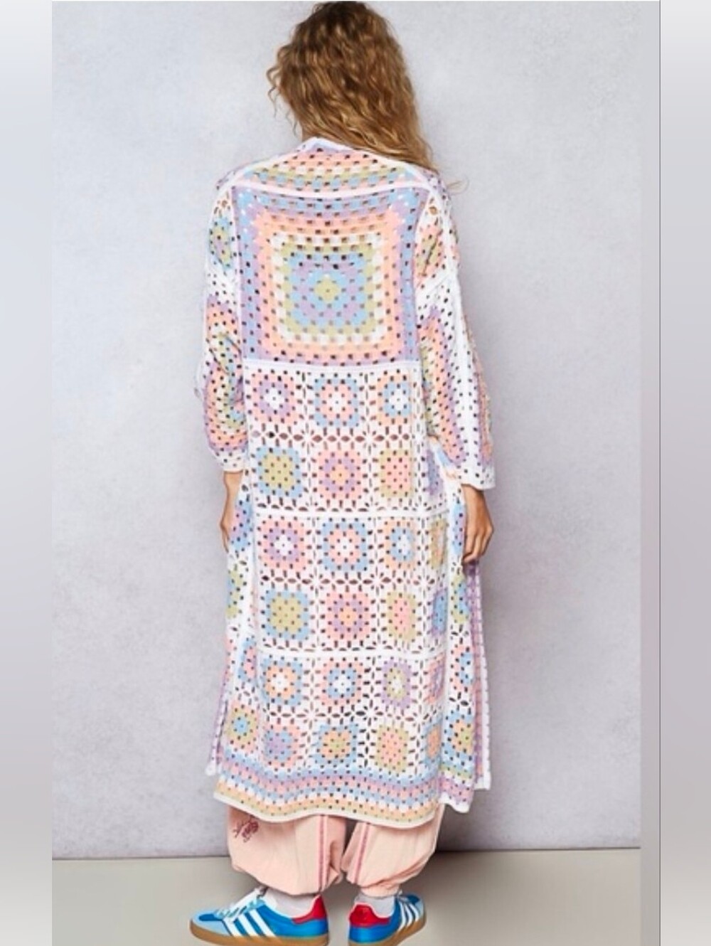 POL NWT  Pastel Bohemian White Granny Square Crochet Open-Knit Cardigan Duster S